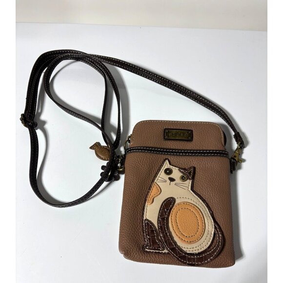 Chala Crossbody Cell Phone‎ Purse Cat Design In Brown Faux Leather - Picture 3 of 8